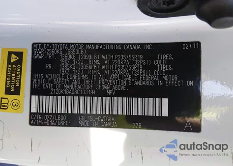 2011 Lexus Rx 350 from USA, damaged, VIN 2T2BK1BA0BC103194
